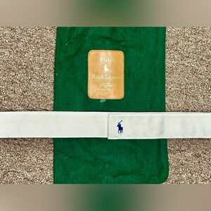 Ralph Lauren White Vintage Ribbon Belt with navy blue Polo Horse Logo